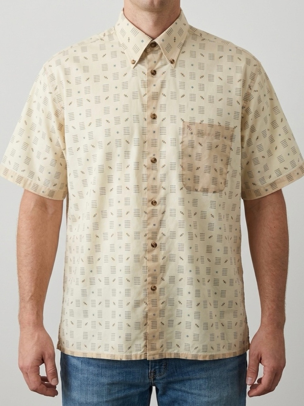 Henry Grethel Men’s Short Sleeve Ivory Geometric Print Dress Shirt Size Large
